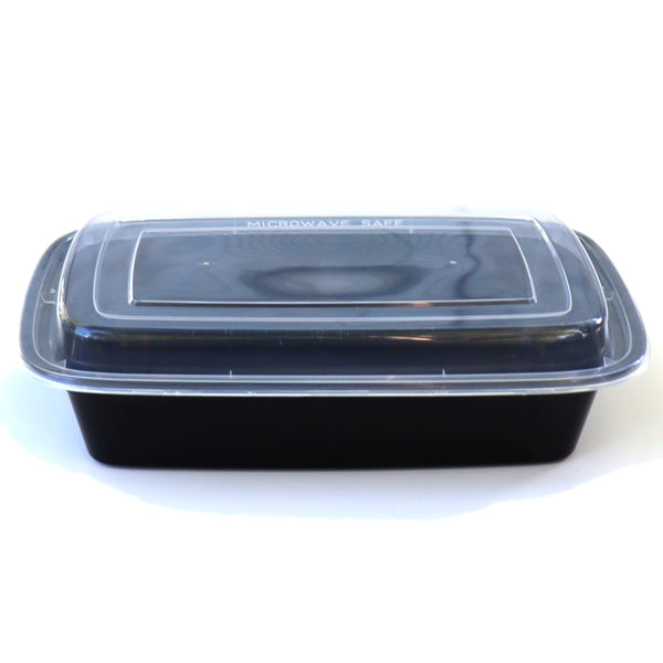 TD F-9632 32OZ Black Rect Plastic Container and Lid, 150 Sets